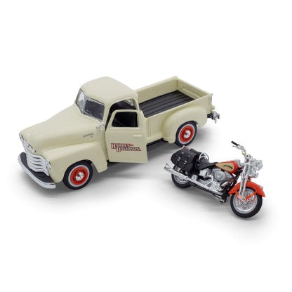 1:24 HARLEY DAVIDSON 1950 CHEVROLET 3100 PICKUP WITH 2001 FLSTS HERITAGE SPRINGER CHEVY